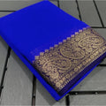 Vaystra Crepe Chit Pallu Solid Saree With Unstitched Blouse 5.5Mtr – Navy Blue