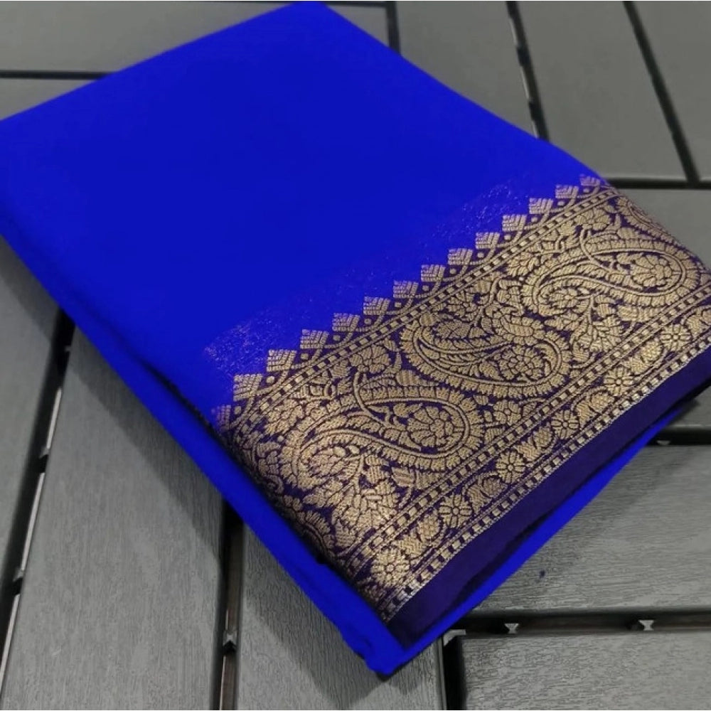 Vaystra Crepe Chit Pallu Solid Saree With Unstitched Blouse 5.5Mtr – Navy Blue