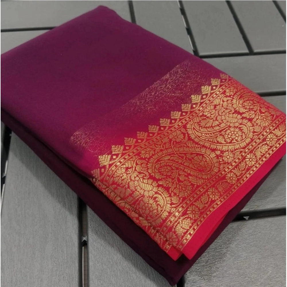 Vaystra Crepe Chit Pallu Solid Saree With Unstitched Blouse 5.5Mtr – Pink