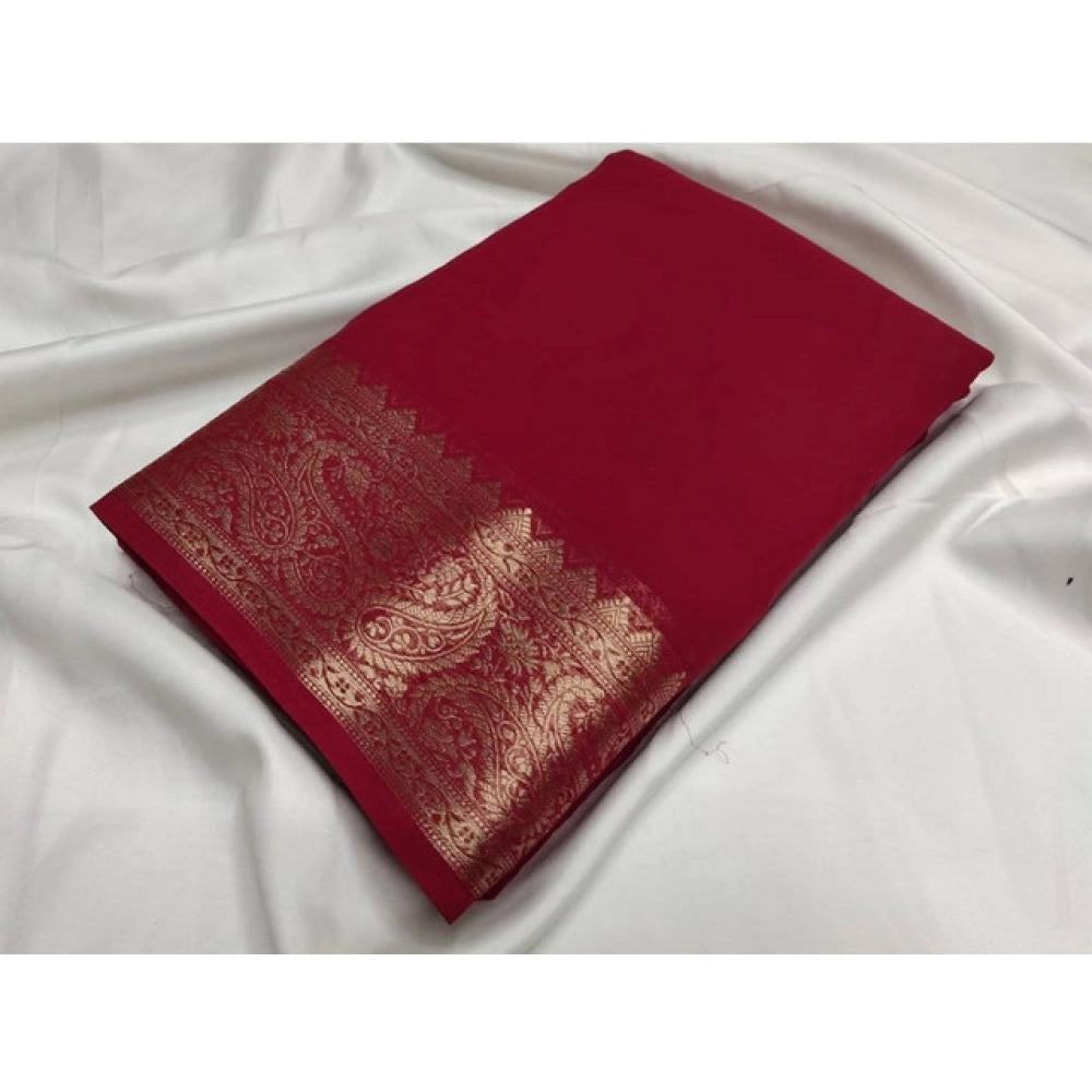 Vaystra Crepe Chit Pallu Solid Saree With Unstitched Blouse 5.5Mtr – Maroon