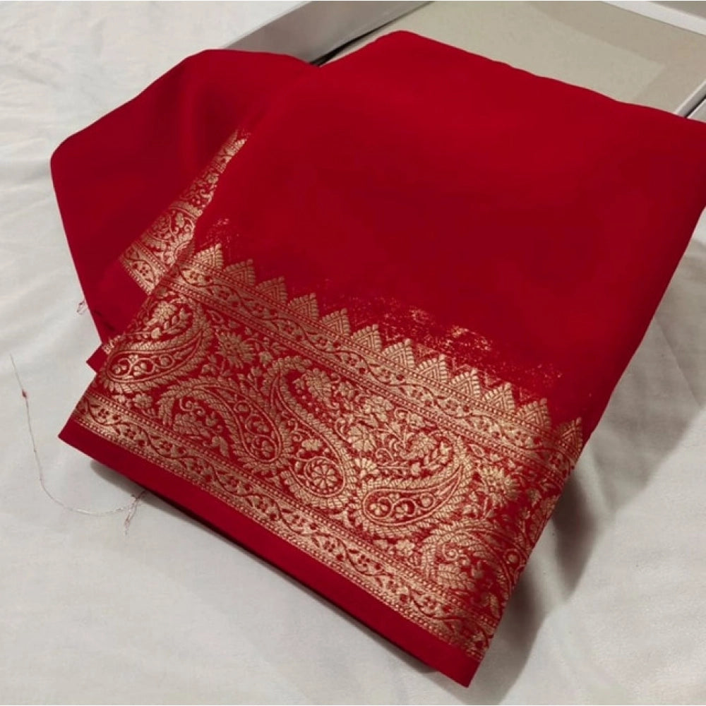 Vaystra Crepe Chit Pallu Solid Saree With Unstitched Blouse 5.5Mtr – Red