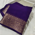Vaystra Crepe Chit Pallu Solid Saree With Unstitched Blouse 5.5Mtr – Purple