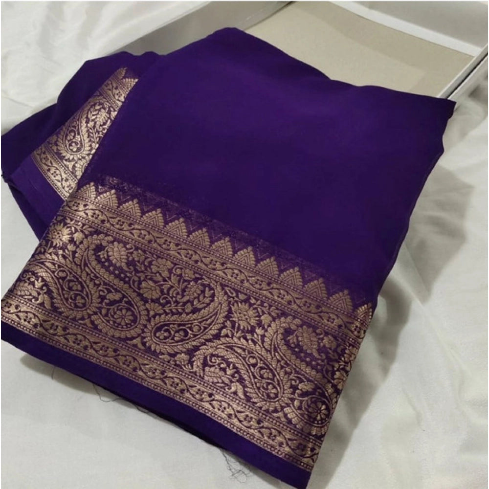 Vaystra Crepe Chit Pallu Solid Saree With Unstitched Blouse 5.5Mtr – Purple