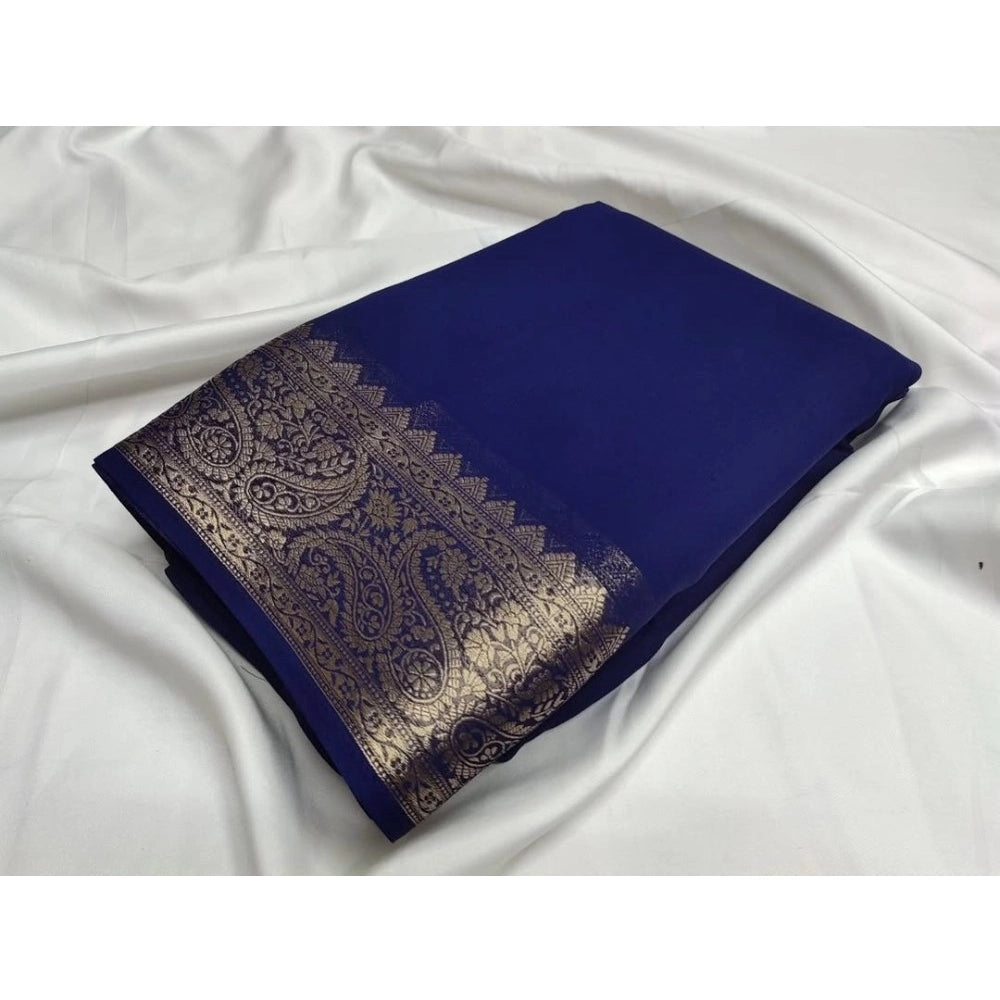 Vaystra Crepe Chit Pallu Solid Saree With Unstitched Blouse 5.5Mtr – Blue