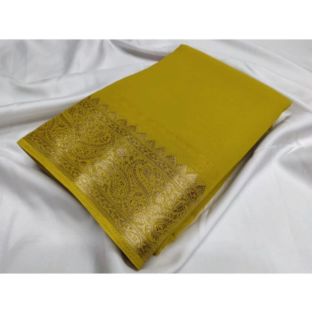 Vaystra Crepe Chit Pallu Solid Saree With Unstitched Blouse 5.5Mtr – Mustard Yellow