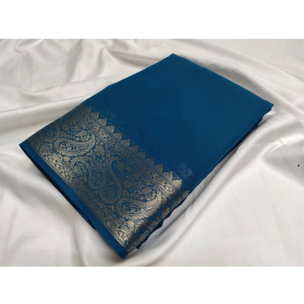 Vaystra Crepe Chit Pallu Solid Saree With Unstitched Blouse 5.5Mtr – Sea-Green
