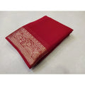 Vaystra Crepe Chit Pallu Solid Saree With Unstitched Blouse 5.5Mtr – Red