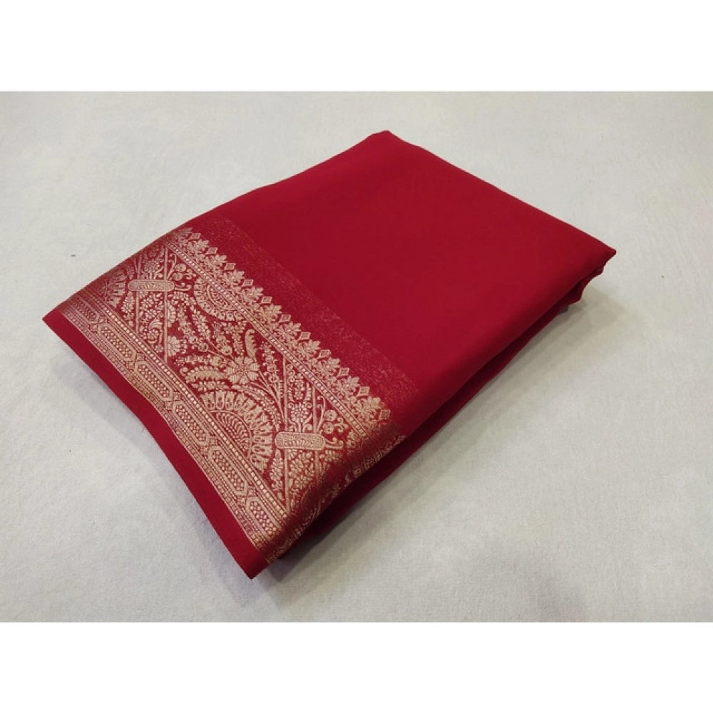 Vaystra Crepe Chit Pallu Solid Saree With Unstitched Blouse 5.5Mtr – Red