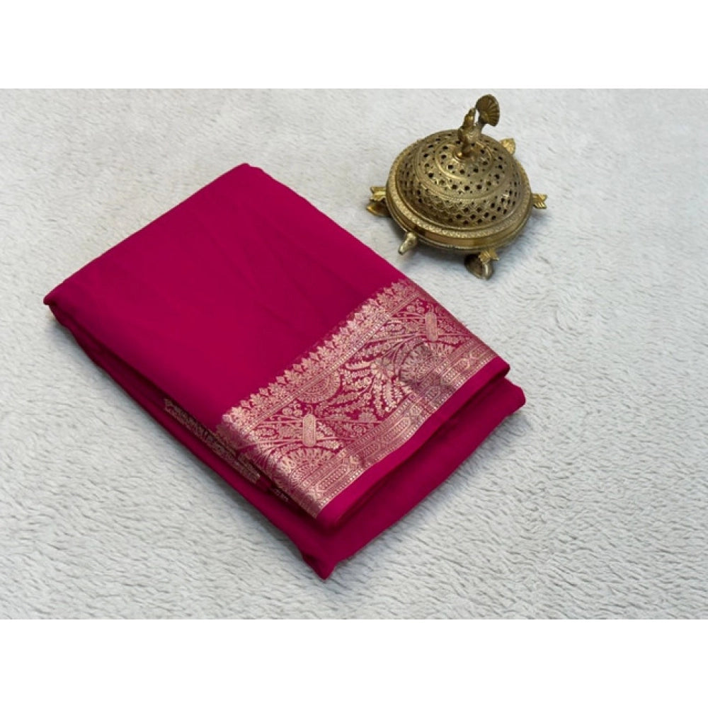 Vaystra Crepe Chit Pallu Solid Saree With Unstitched Blouse 5.5Mtr – Pink