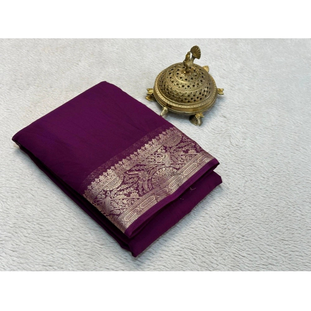 Vaystra Crepe Chit Pallu Solid Saree With Unstitched Blouse 5.5Mtr – Purple