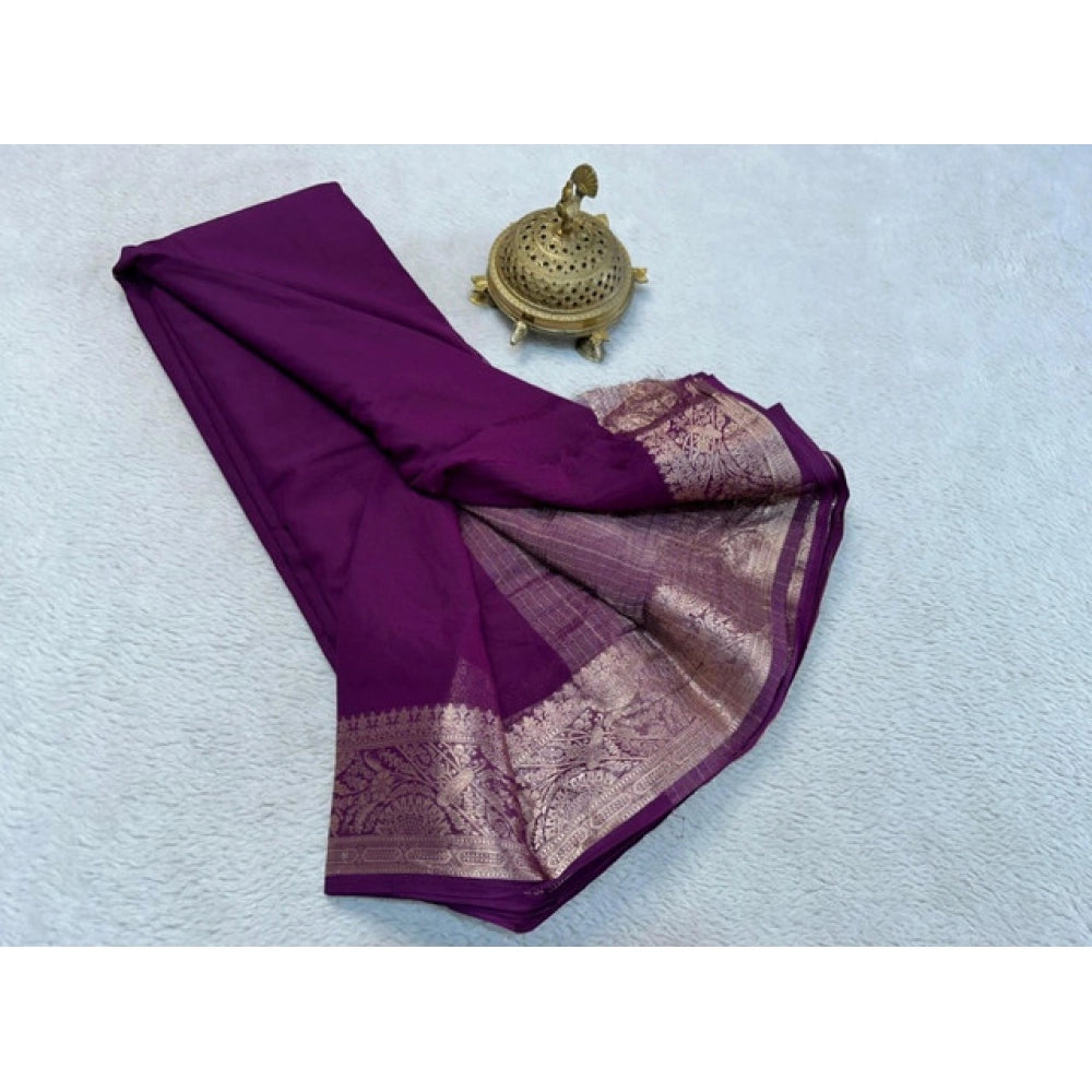 Vaystra Crepe Chit Pallu Solid Saree With Unstitched Blouse 5.5Mtr – Purple