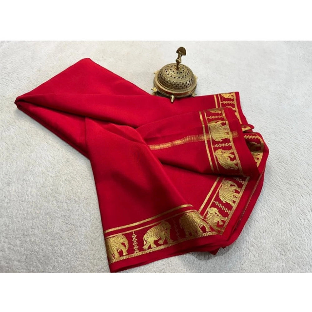 Vaystra Crepe Chit Pallu Solid Saree With Unstitched Blouse 5.5Mtr – Red