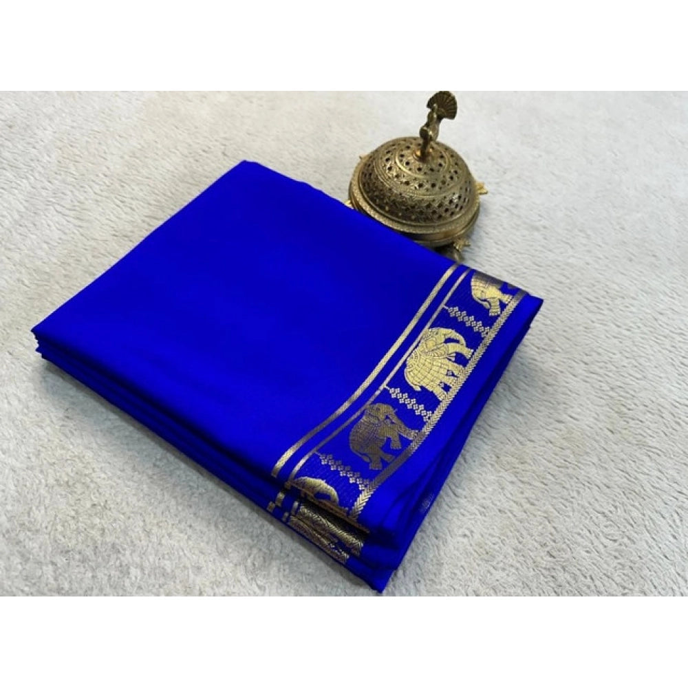 Vaystra Crepe Chit Pallu Solid Saree With Unstitched Blouse 5.5Mtr – Navy Blue