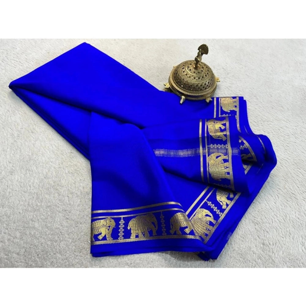 Vaystra Crepe Chit Pallu Solid Saree With Unstitched Blouse 5.5Mtr – Navy Blue
