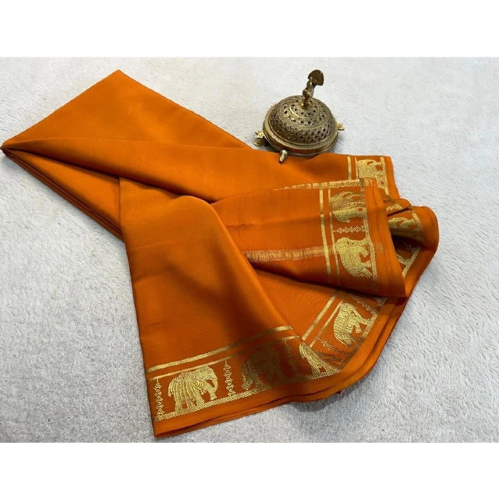 Vaystra Crepe Chit Pallu Solid Saree With Unstitched Blouse 5.5Mtr – Orange