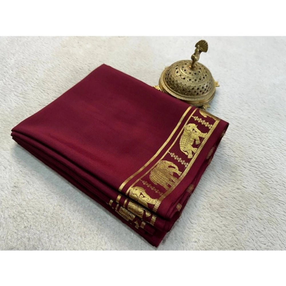 Vaystra Crepe Chit Pallu Solid Saree With Unstitched Blouse 5.5Mtr – Maroon