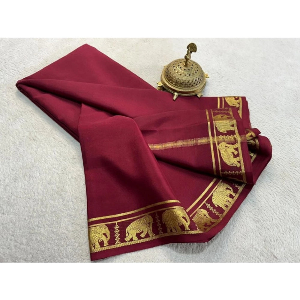 Vaystra Crepe Chit Pallu Solid Saree With Unstitched Blouse 5.5Mtr – Maroon