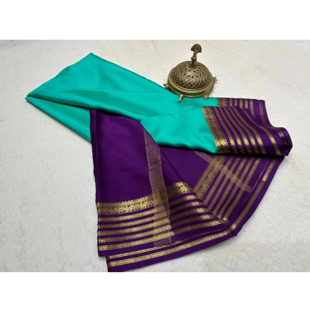 Vaystra Crepe Chit Pallu Solid Saree With Unstitched Blouse 5.5Mtr – Sky Blue