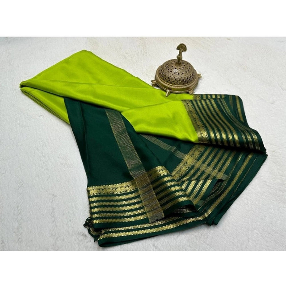 Vaystra Crepe Chit Pallu Solid Saree With Unstitched Blouse 5.5Mtr – Green