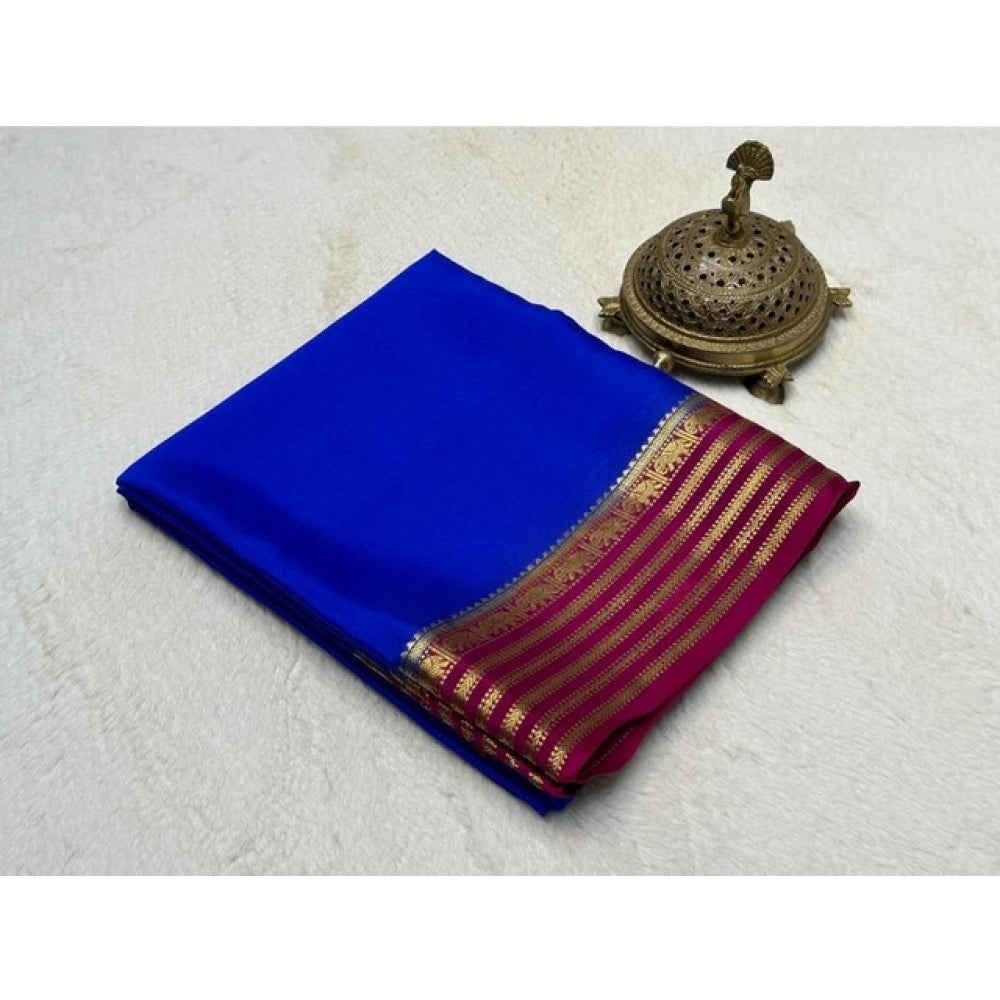 Vaystra Crepe Chit Pallu Solid Saree With Unstitched Blouse 5.5Mtr – Navy Blue