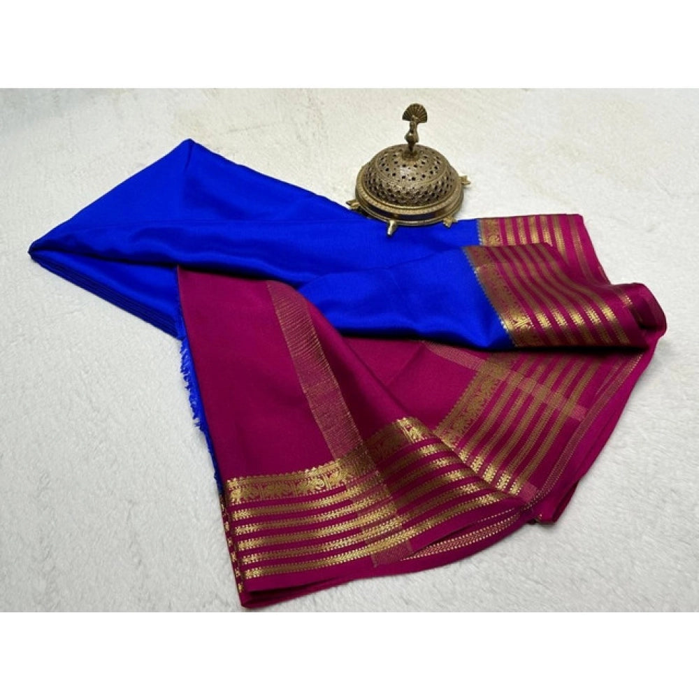 Vaystra Crepe Chit Pallu Solid Saree With Unstitched Blouse 5.5Mtr – Navy Blue