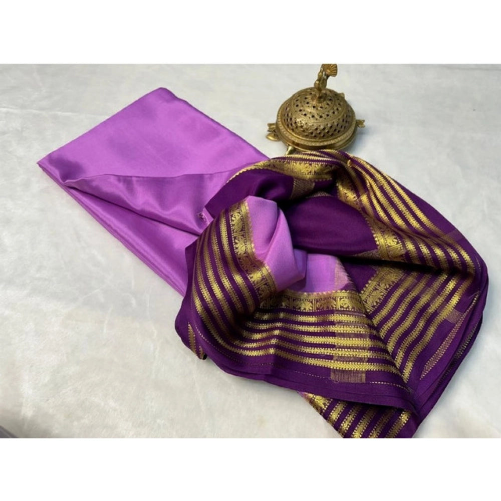 Vaystra Crepe Chit Pallu Solid Saree With Unstitched Blouse 5.5Mtr – Dark Purple