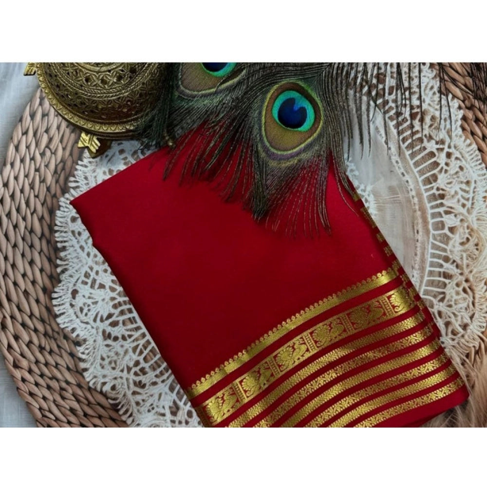 Vaystra Crepe Chit Pallu Solid Saree With Unstitched Blouse 5.5Mtr – Red
