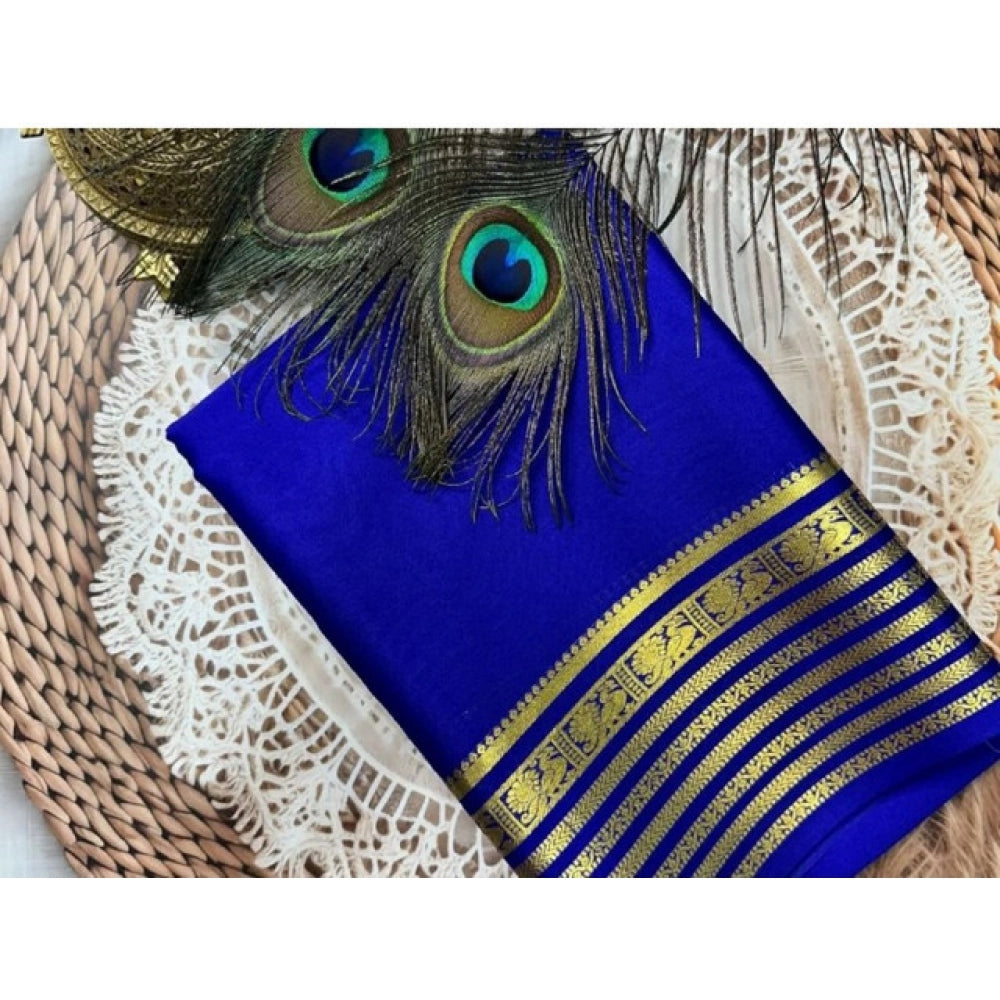 Vaystra Crepe Chit Pallu Solid Saree With Unstitched Blouse 5.5Mtr – Blue