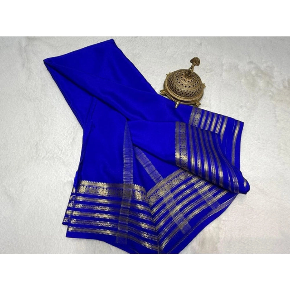 Vaystra Crepe Chit Pallu Solid Saree With Unstitched Blouse 5.5Mtr – Blue