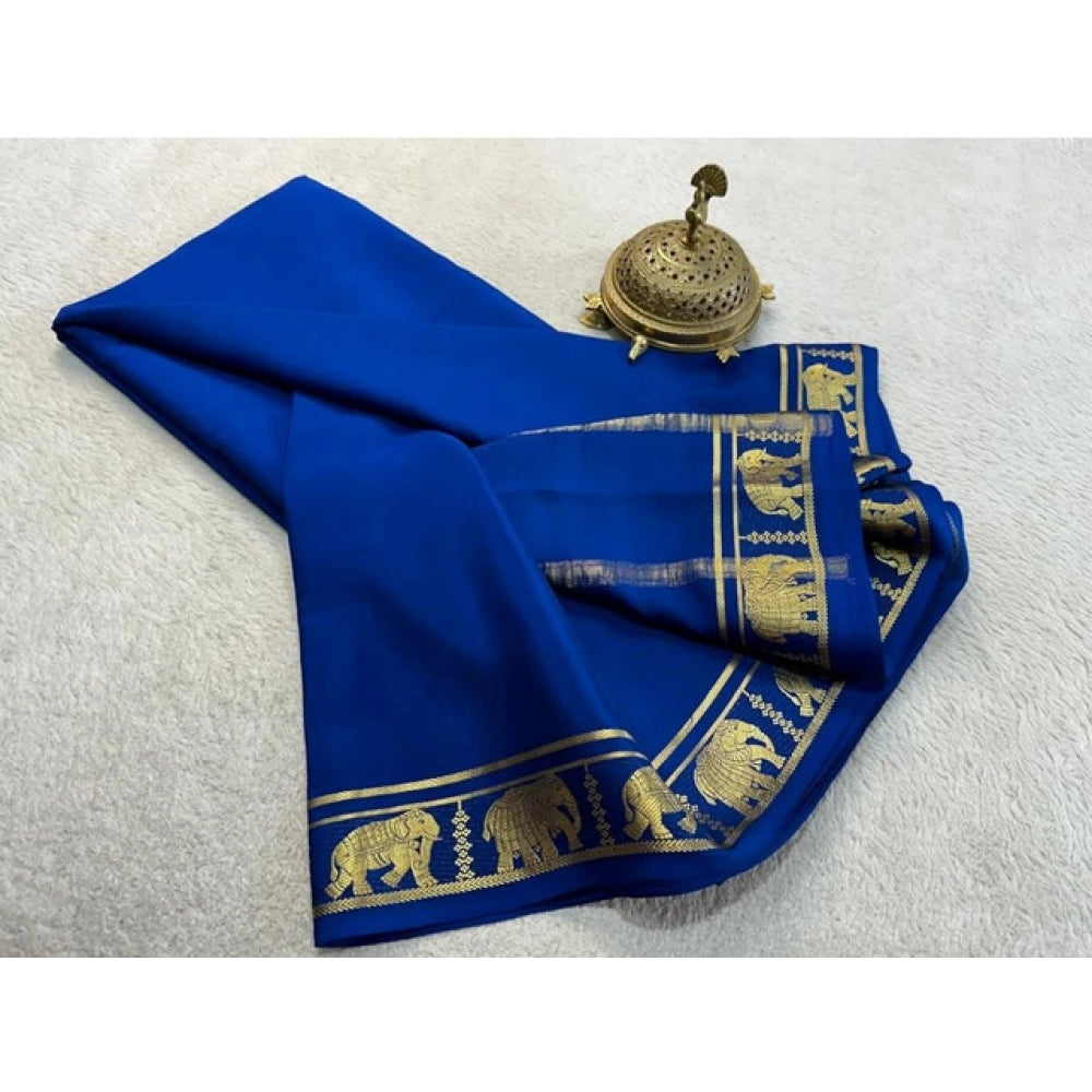 Vaystra Crepe Chit Pallu Solid Saree With Unstitched Blouse 5.5Mtr – Navy Blue