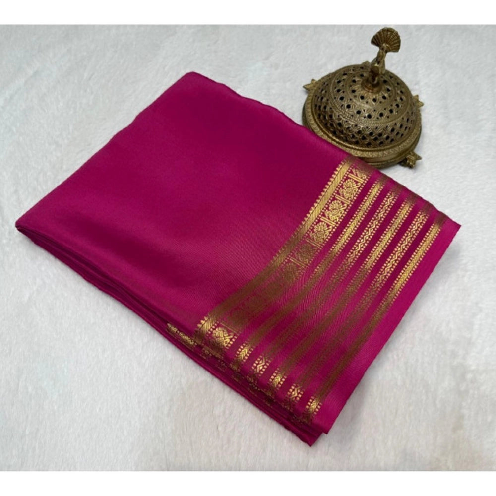 Vaystra Crepe Chit Pallu Solid Saree With Unstitched Blouse 5.5Mtr – Pink