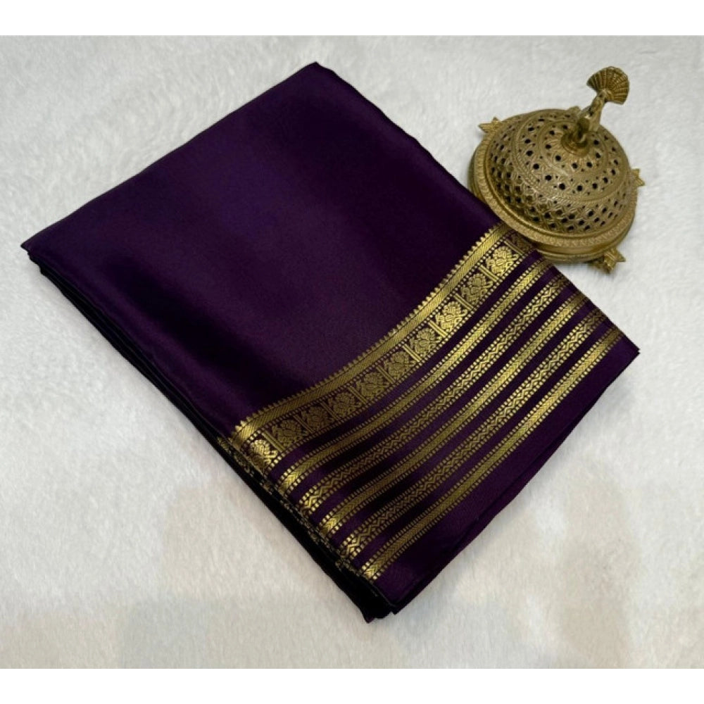 Vaystra Crepe Chit Pallu Solid Saree With Unstitched Blouse 5.5Mtr – Dark Purple