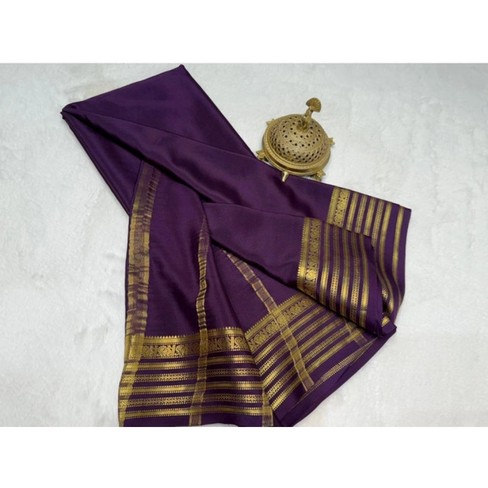 Vaystra Crepe Chit Pallu Solid Saree With Unstitched Blouse 5.5Mtr – Dark Purple