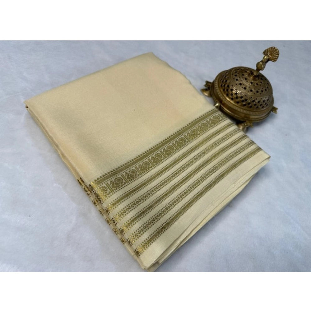Vaystra Crepe Chit Pallu Solid Saree With Unstitched Blouse 5.5Mtr – Beige