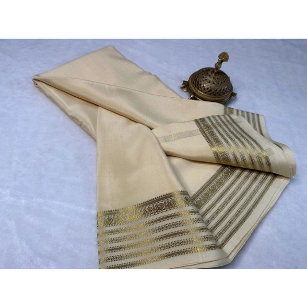 Vaystra Crepe Chit Pallu Solid Saree With Unstitched Blouse 5.5Mtr – Beige