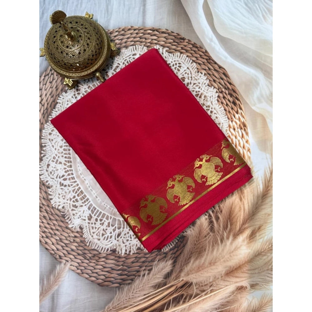 Vaystra Crepe Chit Pallu Solid Saree With Unstitched Blouse 5.5Mtr – Red
