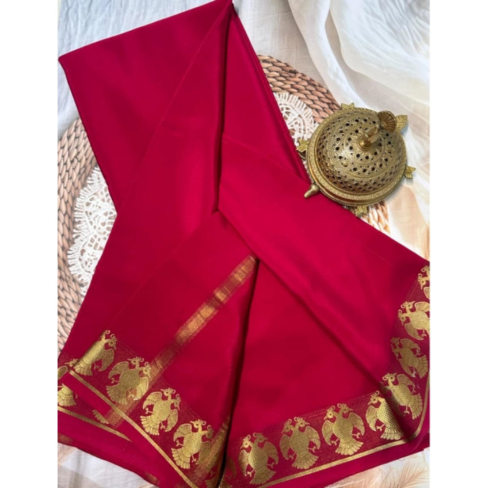 Vaystra Crepe Chit Pallu Solid Saree With Unstitched Blouse 5.5Mtr – Red