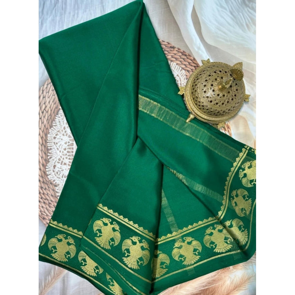 Vaystra Crepe Chit Pallu Solid Saree With Unstitched Blouse 5.5Mtr – Green