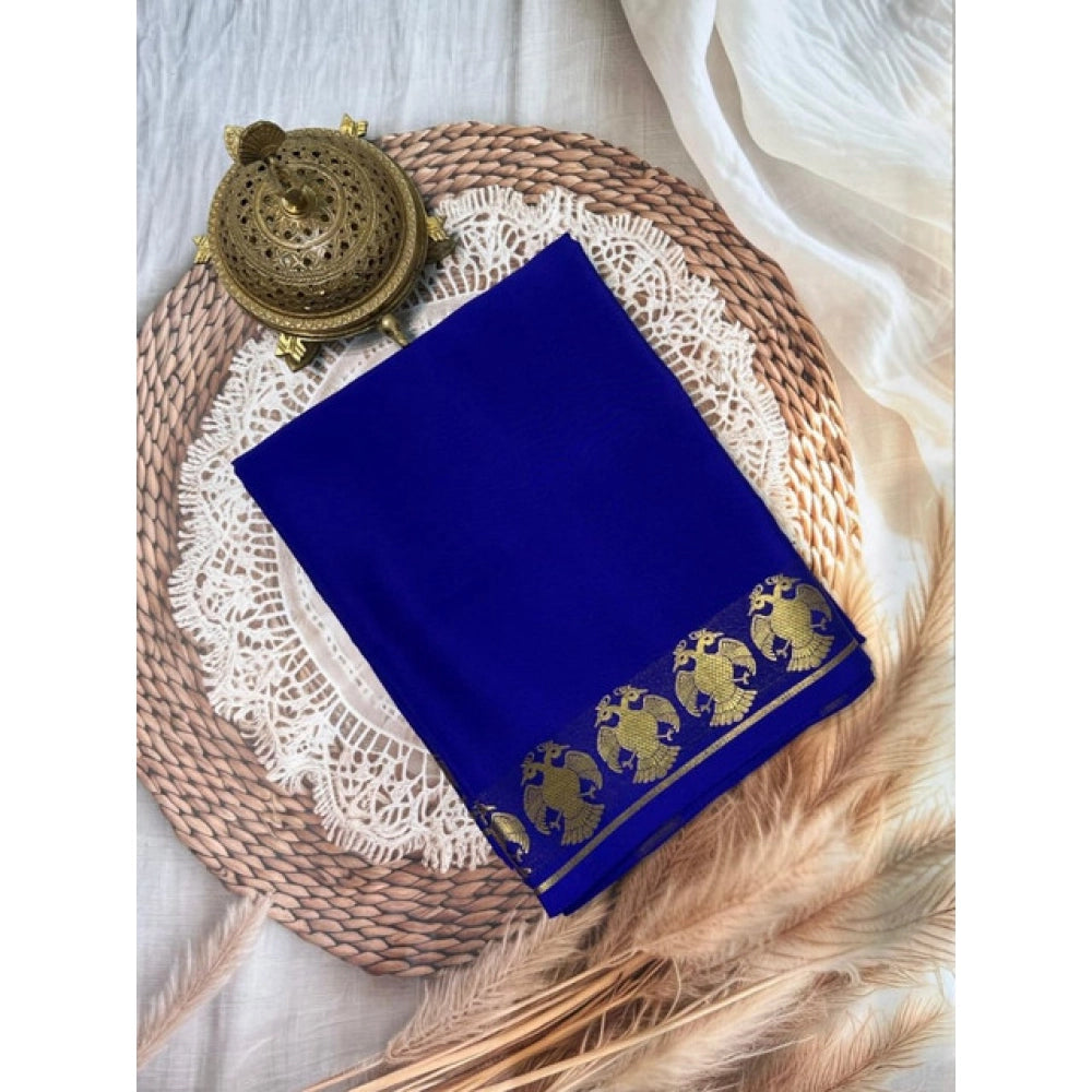 Vaystra Crepe Chit Pallu Solid Saree With Unstitched Blouse 5.5Mtr – Navy Blue
