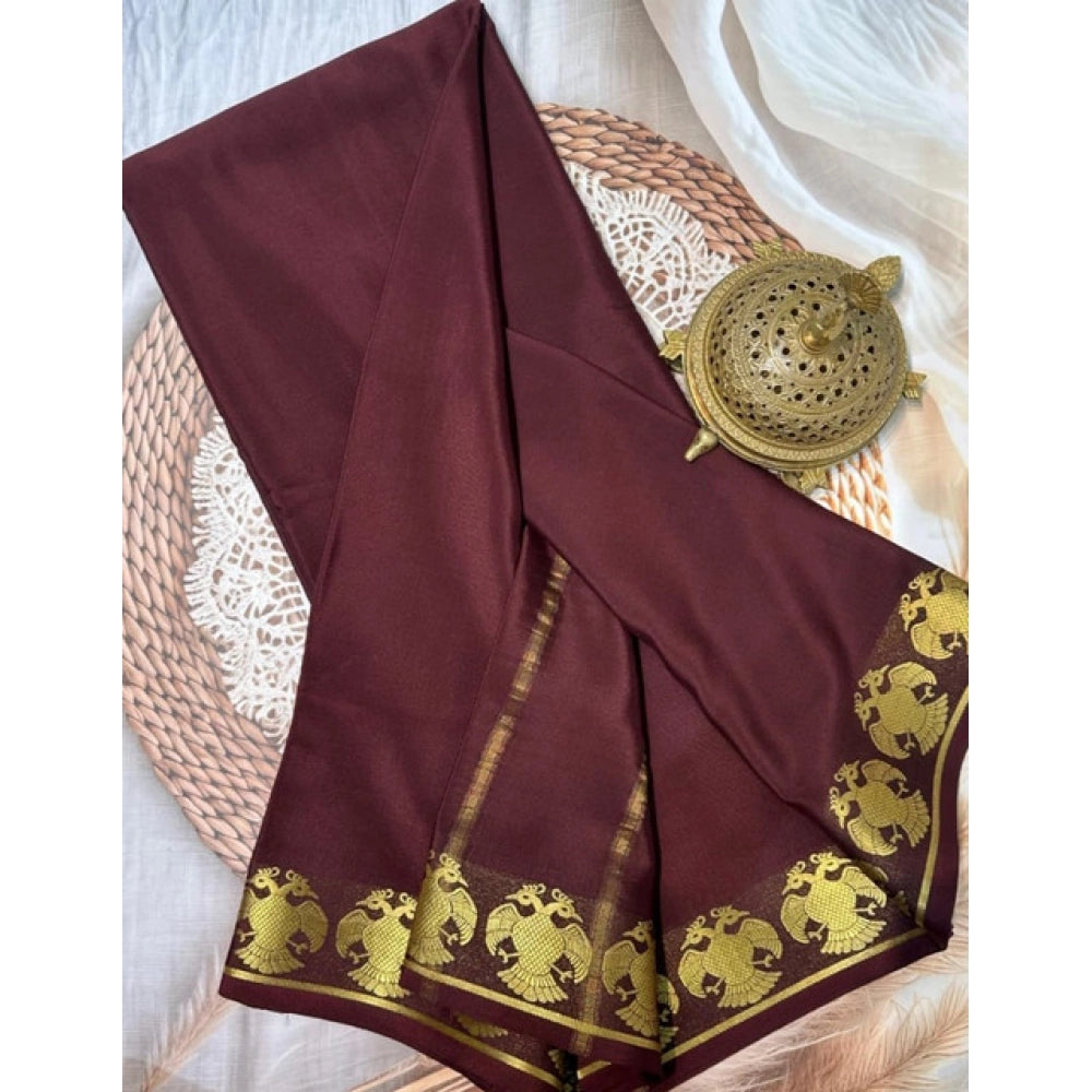 Vaystra Crepe Chit Pallu Solid Saree With Unstitched Blouse 5.5Mtr – Brown