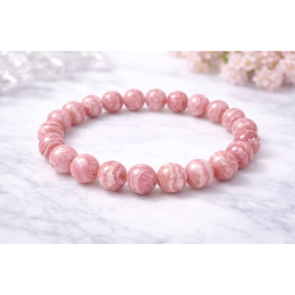 Vaystra Handcrafted Natural Crystal 8mm Rhodochrosite Bracelet - Pink, Edition