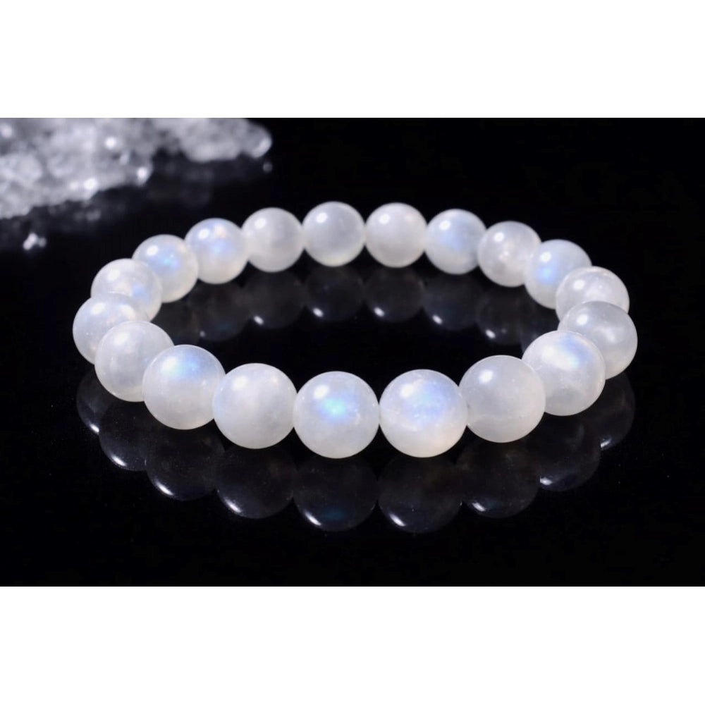 Vaystra Gold Plated Natural Crystal 8mm Moonstone Bracelet in White,