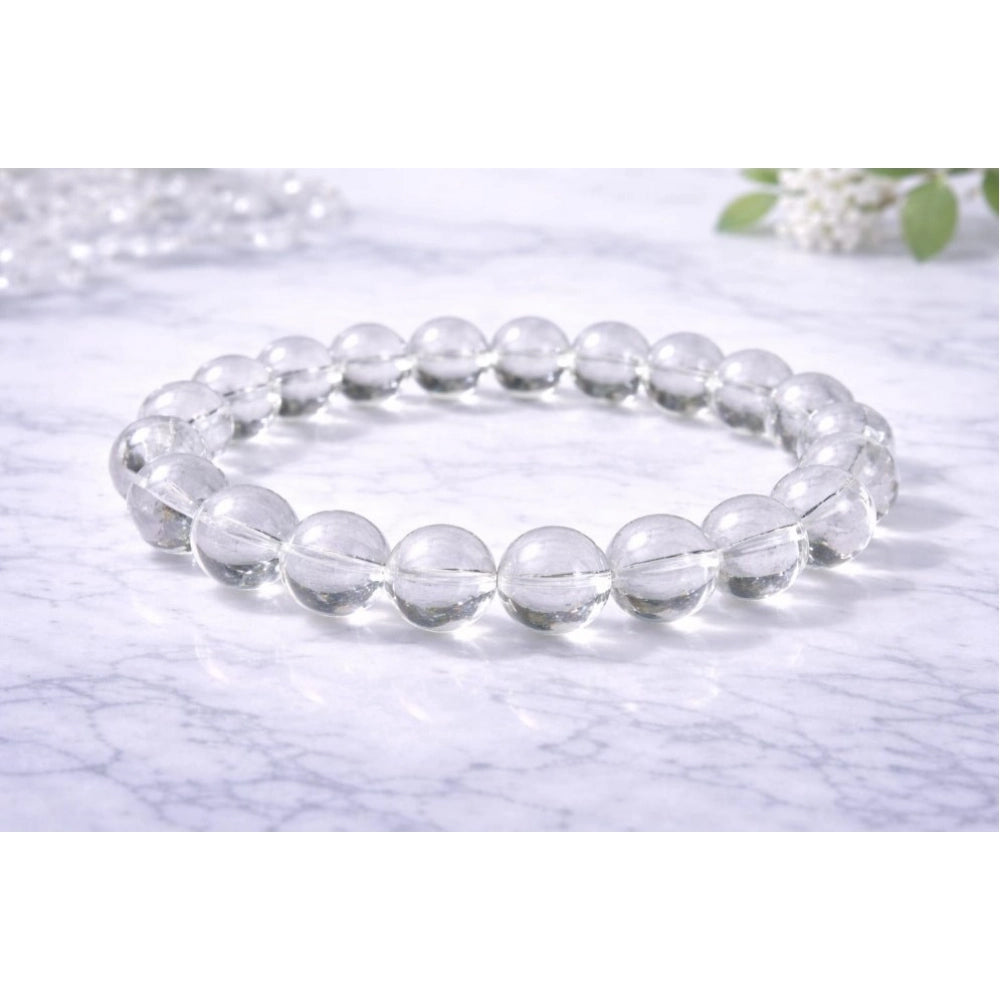 Vaystra Gold Plated Natural Crystal 8mm Clear Quartz Bracelet in White,
