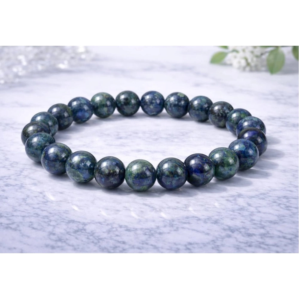 Vaystra Gold Plated Natural Crystal 8mm Azurite Bracelet in Dark Green,