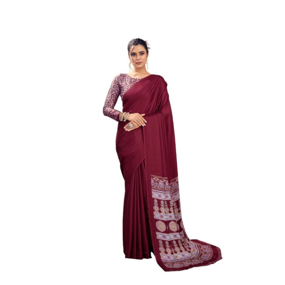Vaystra Satin Crepe Printed Saree With Unstitched Blouse 5.5Mtr – Maroon