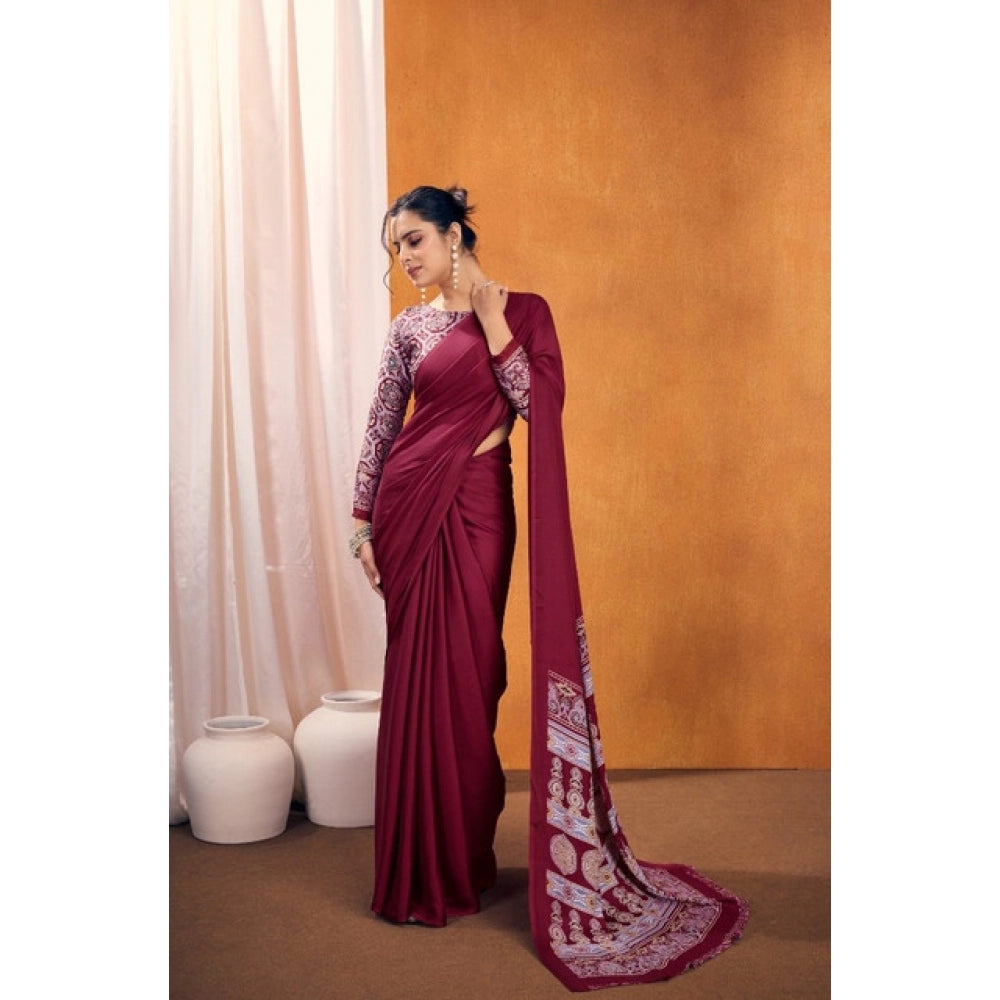 Vaystra Satin Crepe Printed Saree With Unstitched Blouse 5.5Mtr – Maroon
