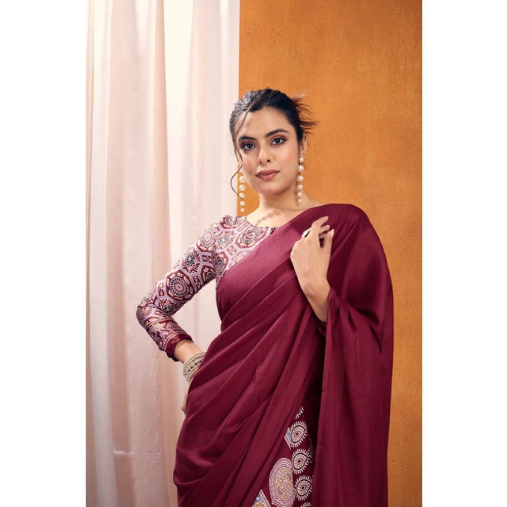 Vaystra Satin Crepe Printed Saree With Unstitched Blouse 5.5Mtr – Maroon