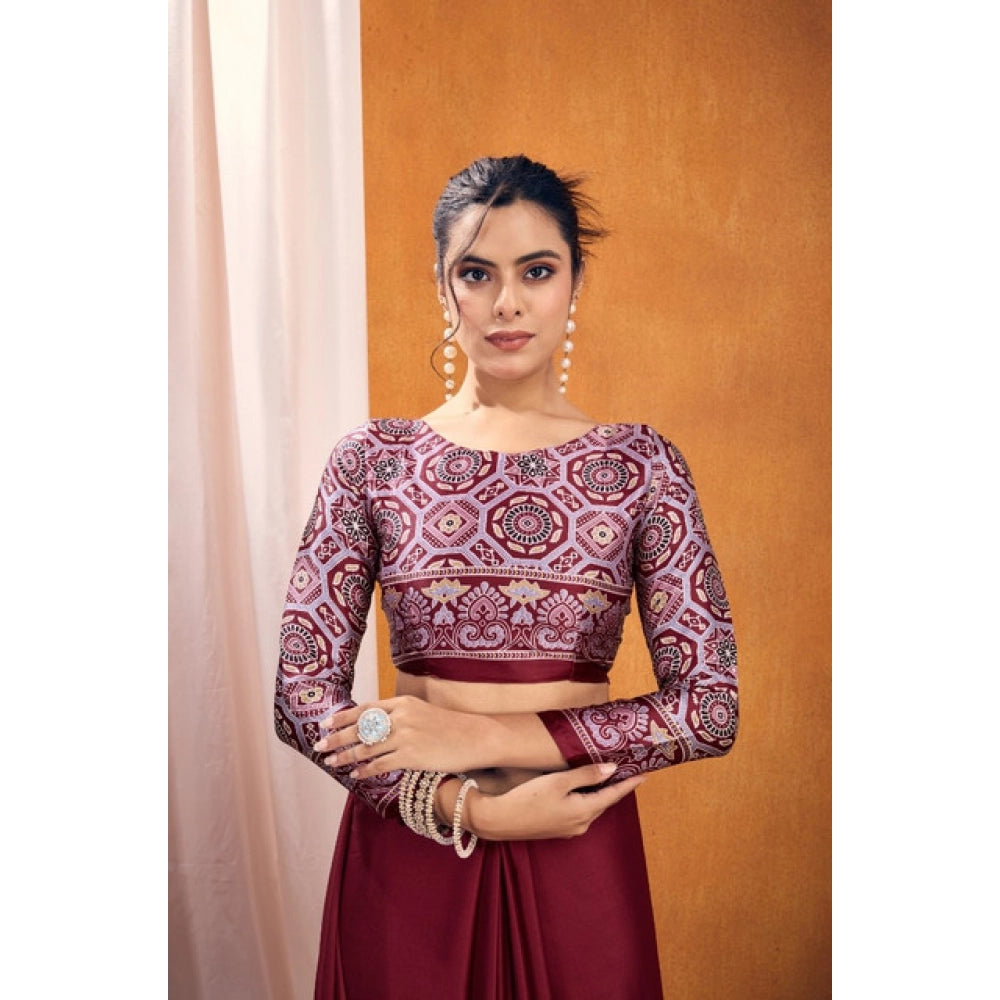 Vaystra Satin Crepe Printed Saree With Unstitched Blouse 5.5Mtr – Maroon