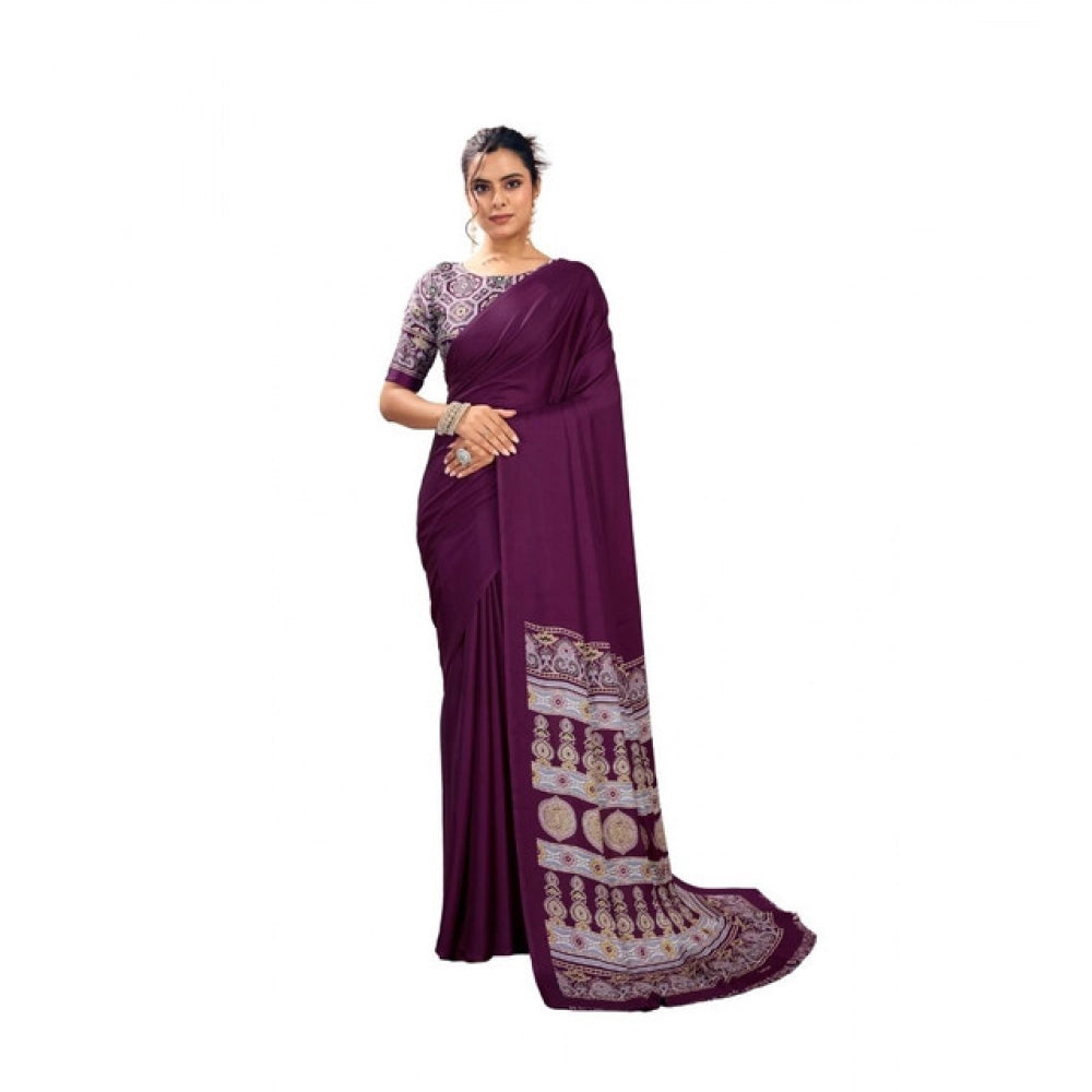 Vaystra Satin Crepe Printed Saree With Unstitched Blouse 5.5Mtr – Purple