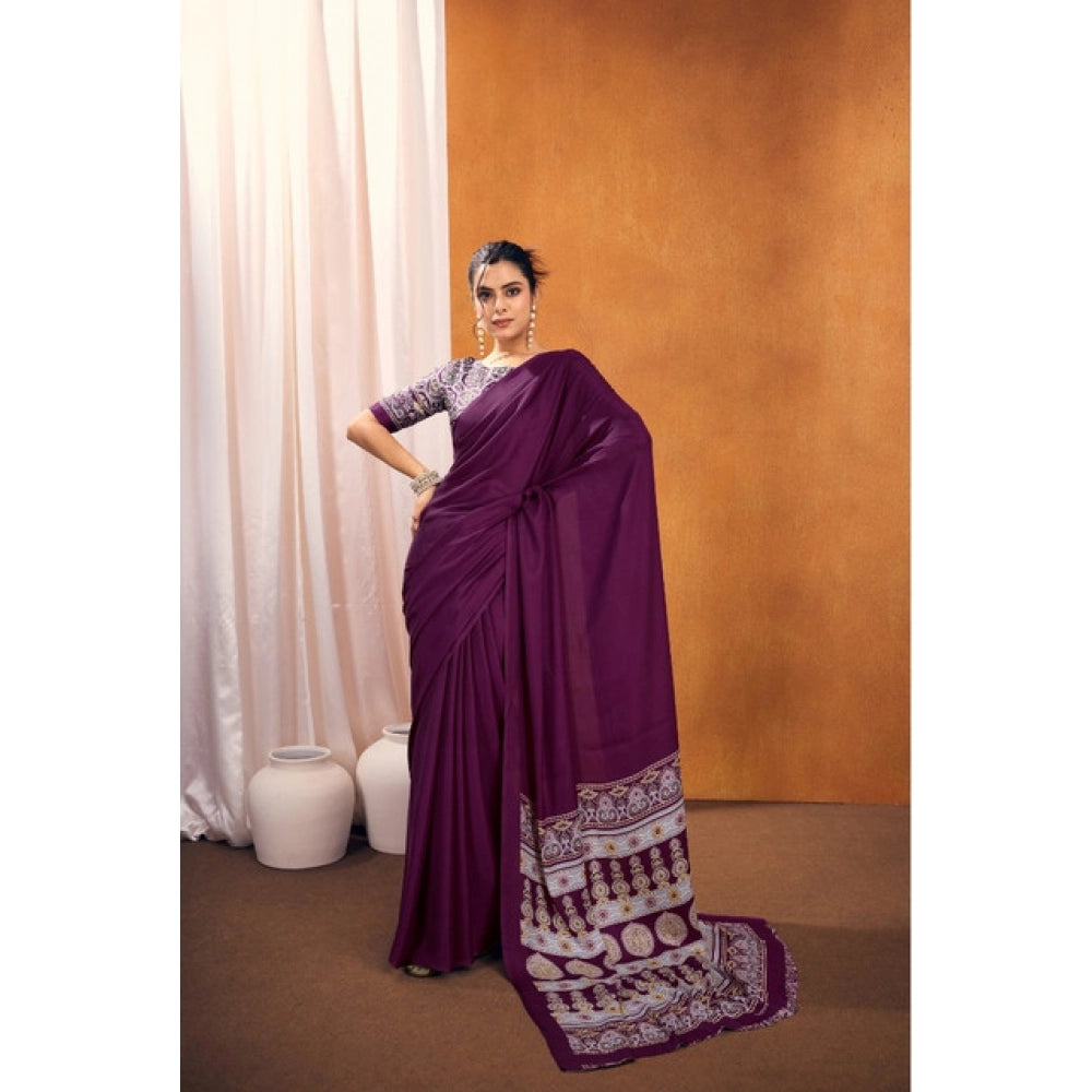Vaystra Satin Crepe Printed Saree With Unstitched Blouse 5.5Mtr – Purple